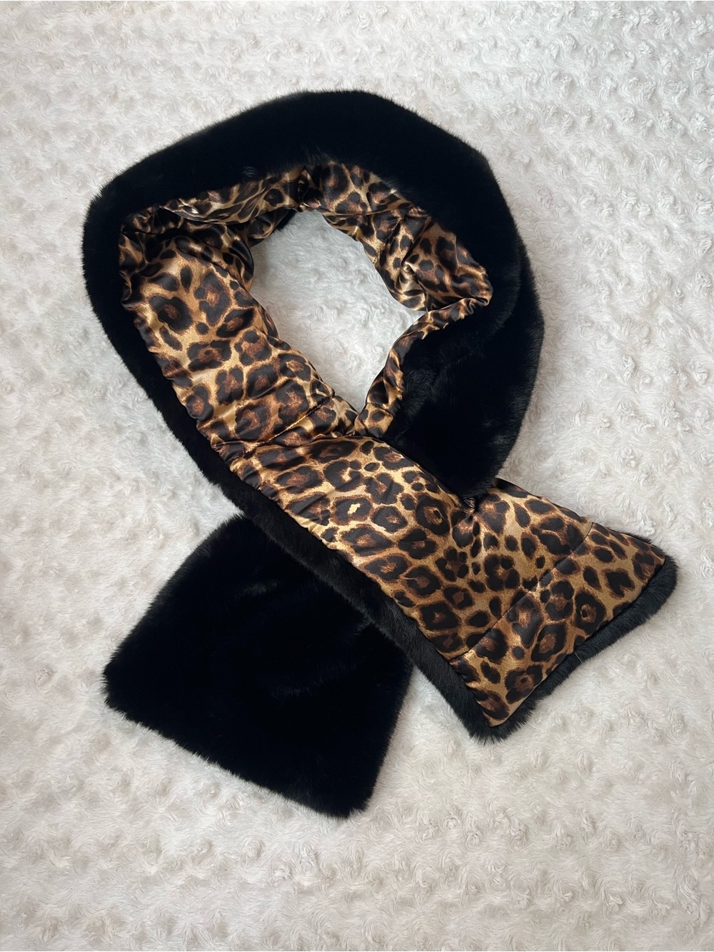 White House Black Market Black Faux Fur Scarf with Leopard Satin Lining